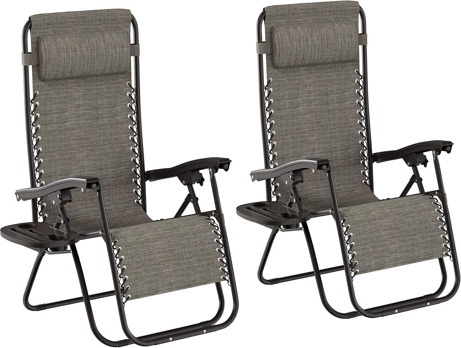 imageLavish Home Zero Gravity Lounge Chairs Set of 2 Gray Folding AntiGravity Recliners Side Table Cup Holder ampamp Pillowfor Outdoor Lounging