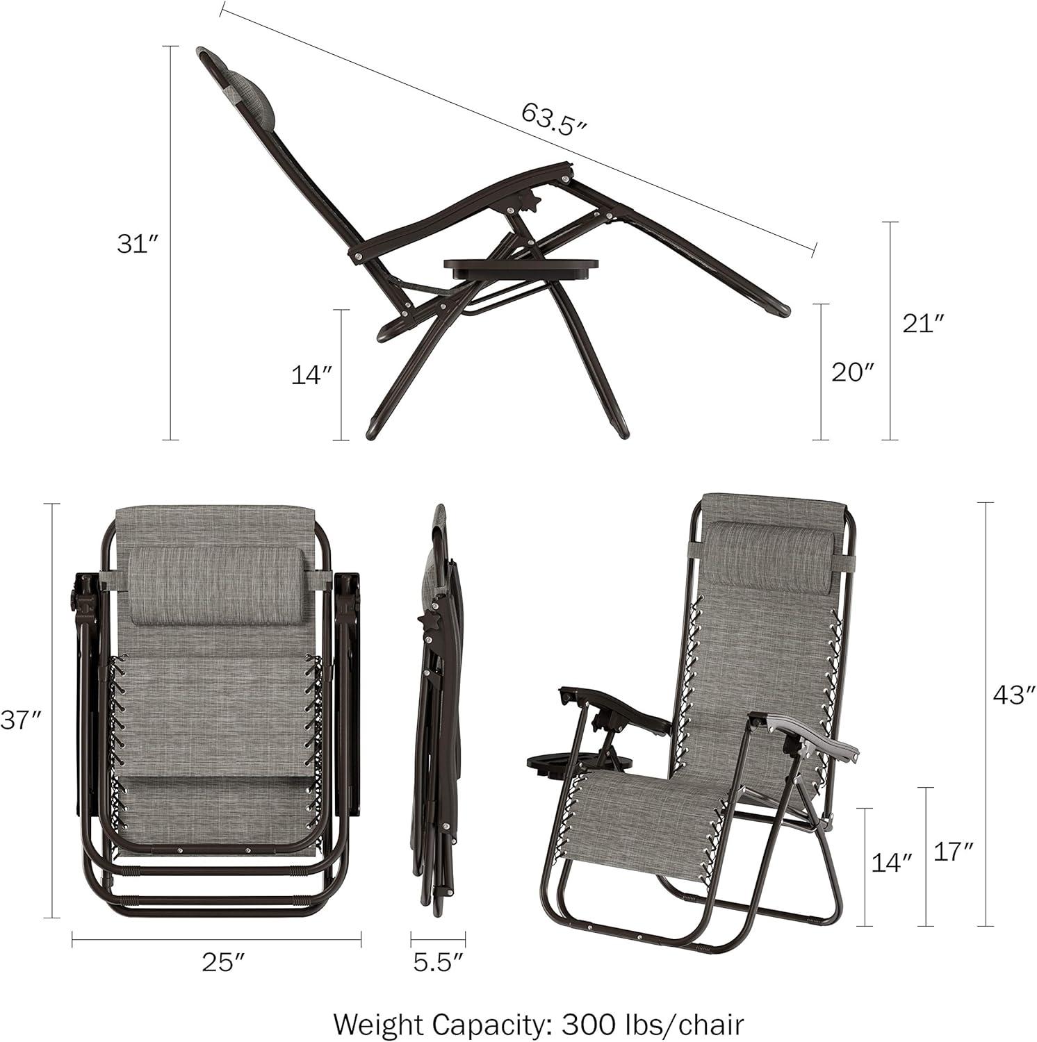 imageLavish Home Zero Gravity Lounge Chairs Set of 2 Gray Folding AntiGravity Recliners Side Table Cup Holder ampamp Pillowfor Outdoor Lounging