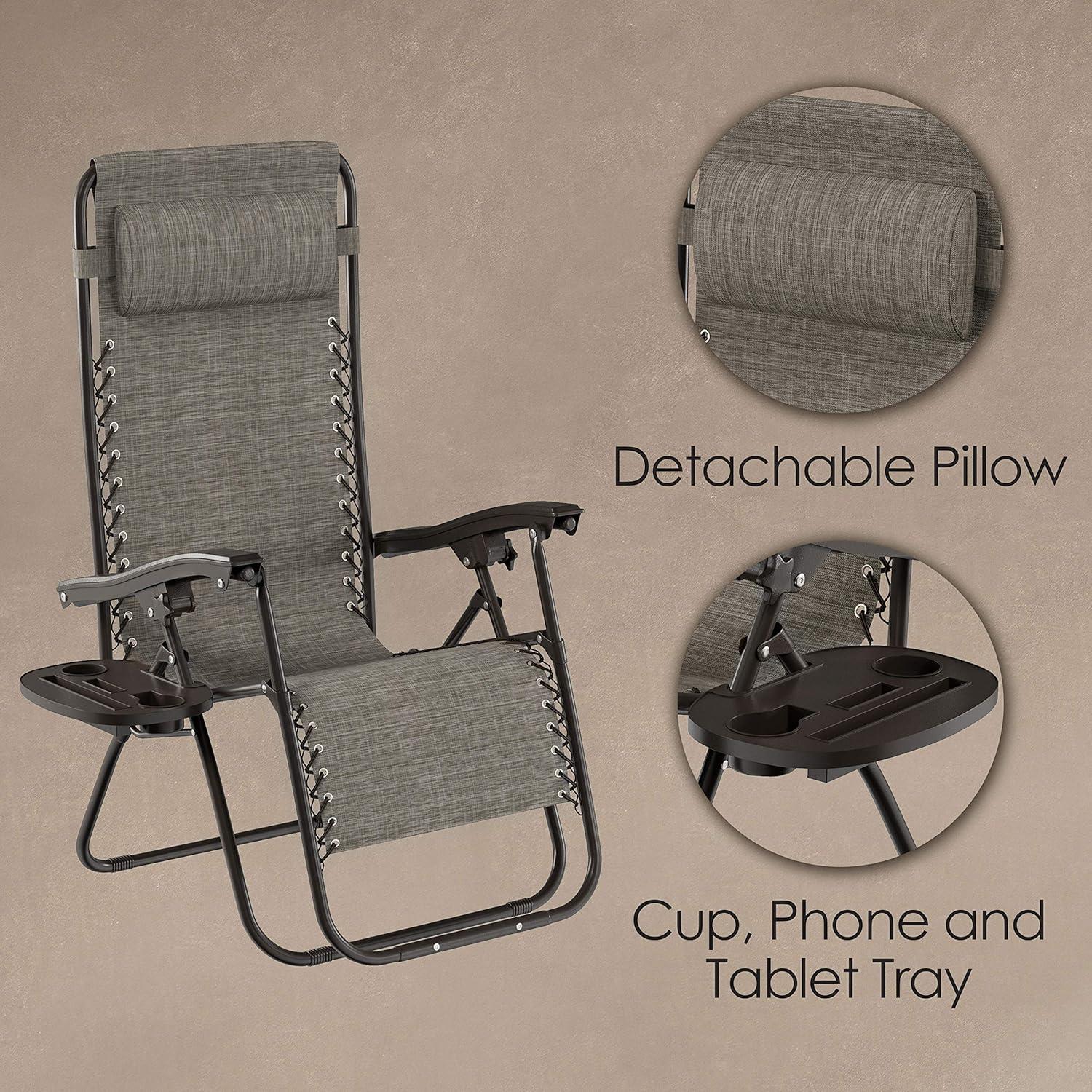 imageLavish Home Zero Gravity Lounge Chairs Set of 2 Gray Folding AntiGravity Recliners Side Table Cup Holder ampamp Pillowfor Outdoor Lounging