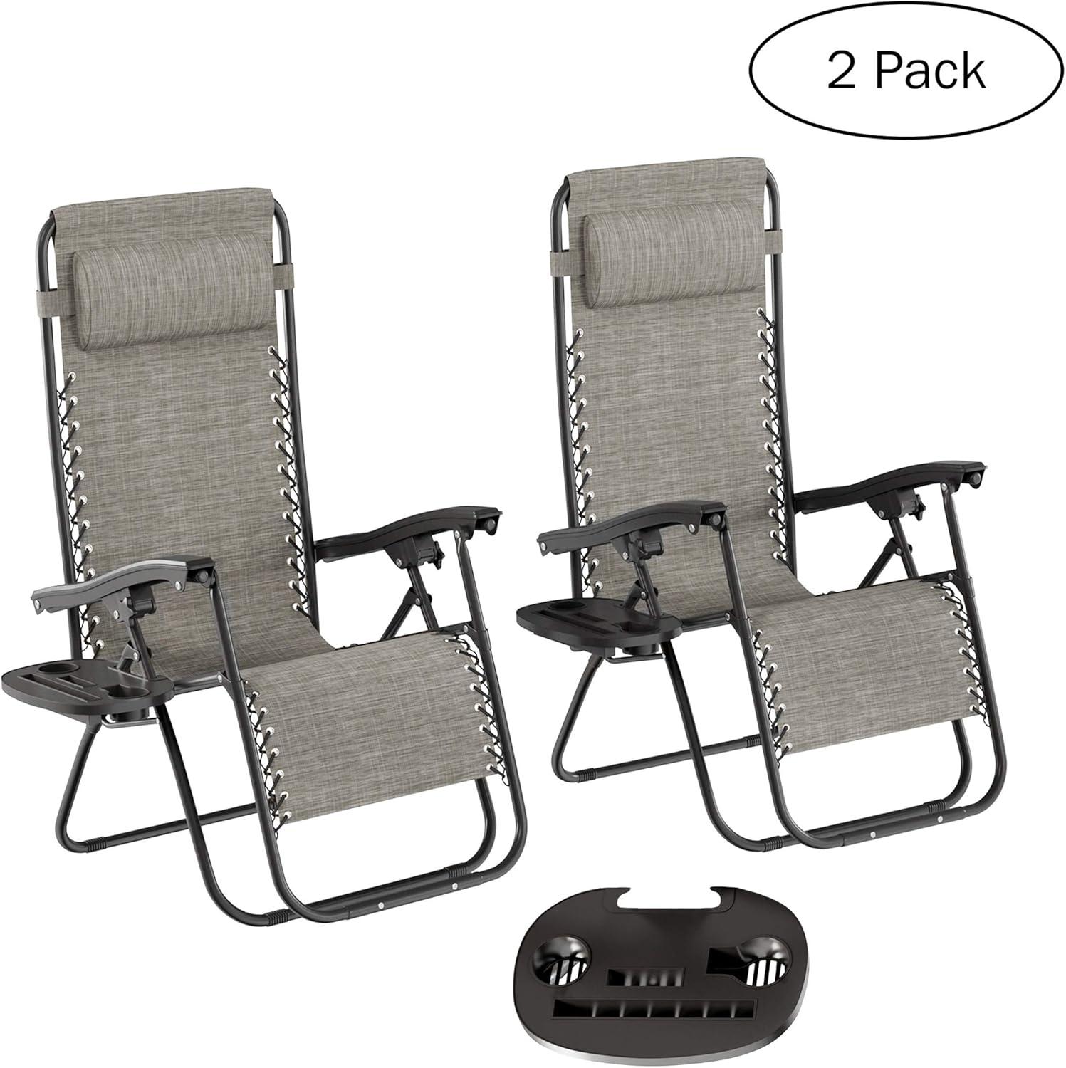imageLavish Home Zero Gravity Lounge Chairs Set of 2 Gray Folding AntiGravity Recliners Side Table Cup Holder ampamp Pillowfor Outdoor Lounging