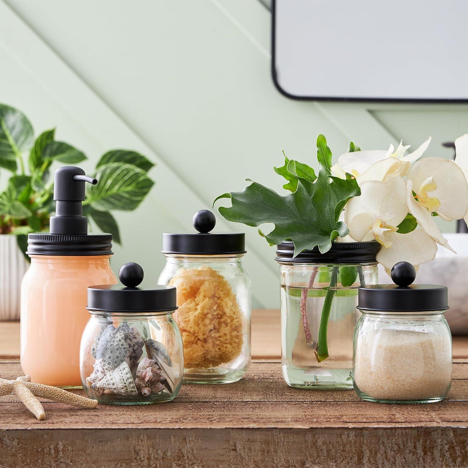 imageMason Jar Bathroom Accessories Set 5Piece Bathroom Set with Toothbrush Holder Soap Dispenser Canister and 2 Small Jars by Lavish Home BlackBlack