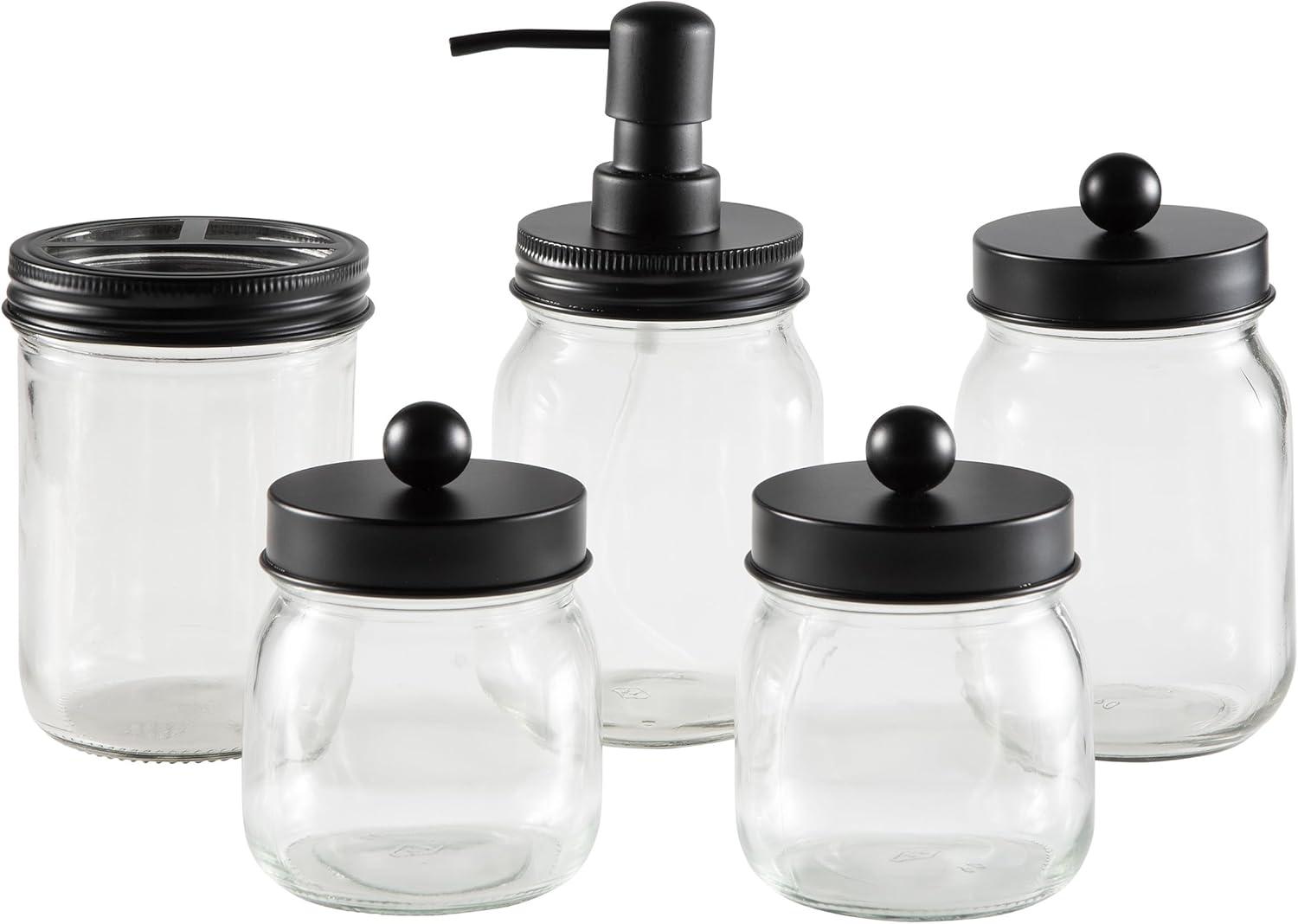 imageMason Jar Bathroom Accessories Set 5Piece Bathroom Set with Toothbrush Holder Soap Dispenser Canister and 2 Small Jars by Lavish Home BlackBlack