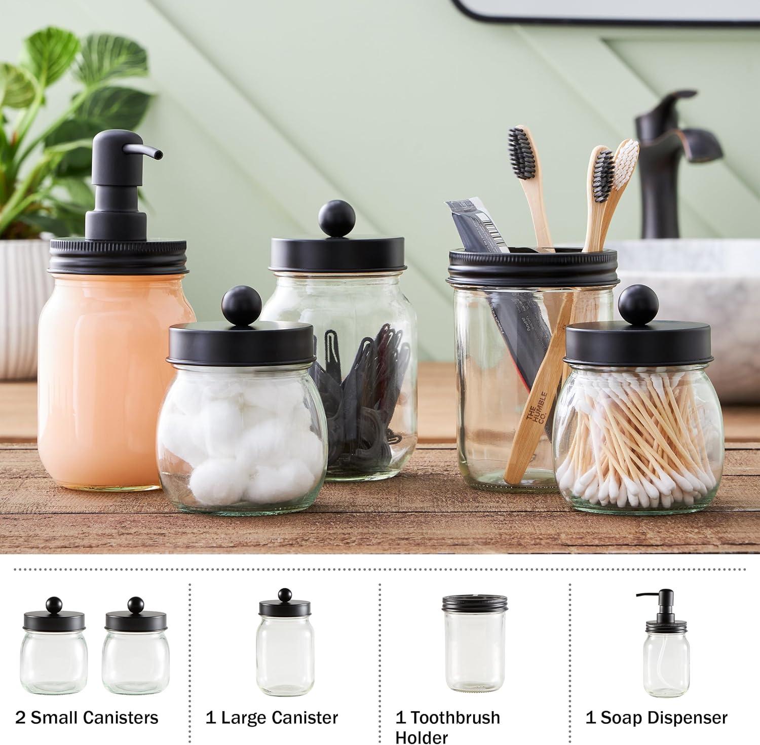 imageMason Jar Bathroom Accessories Set 5Piece Bathroom Set with Toothbrush Holder Soap Dispenser Canister and 2 Small Jars by Lavish Home BlackBlack