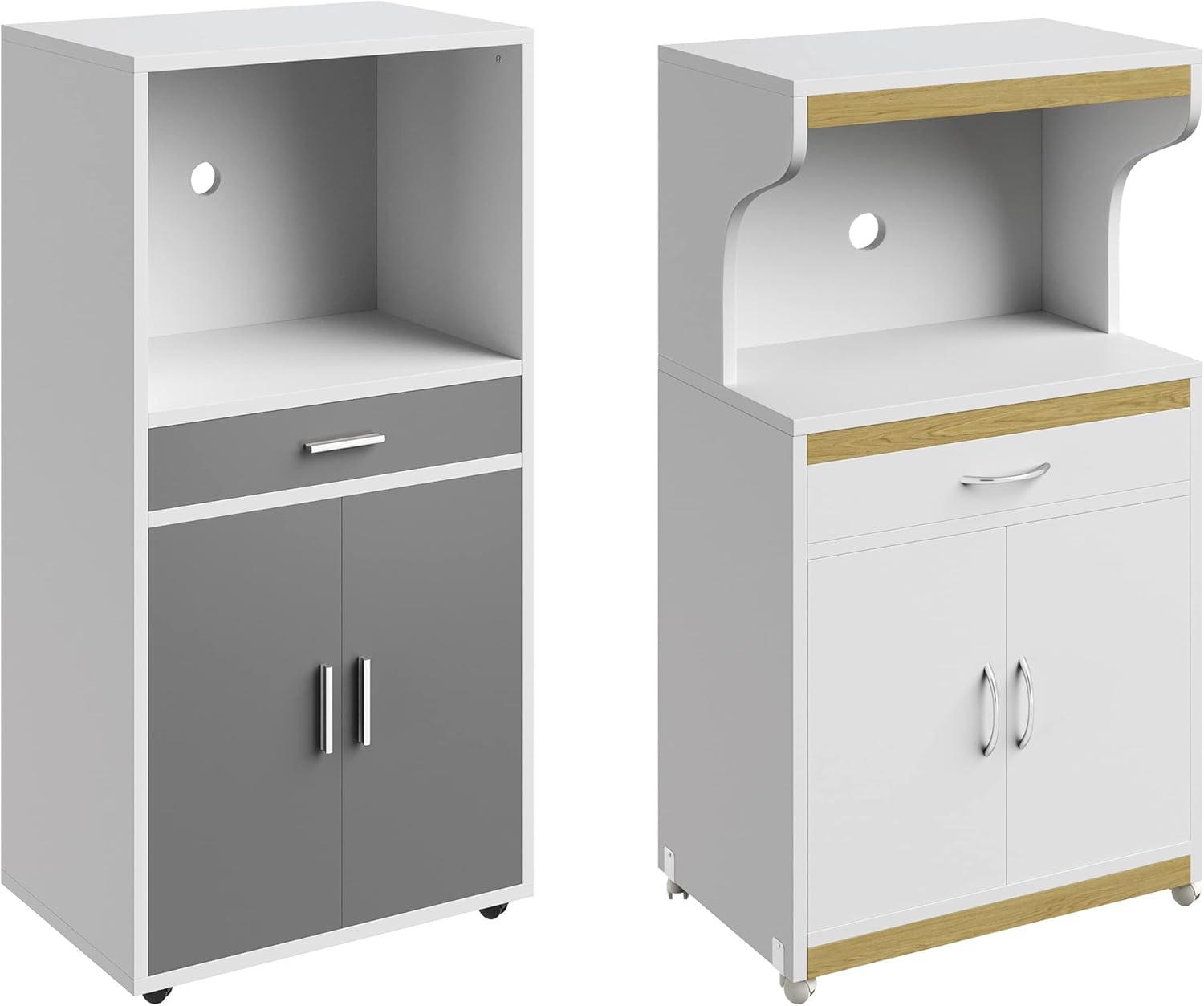 imageMicrowave Stand with Storage Rolling White Cabinet with Doors Drawer and Locking Wheels Freestanding Wood Cart by Lavish Home White and OakWhite and Gray