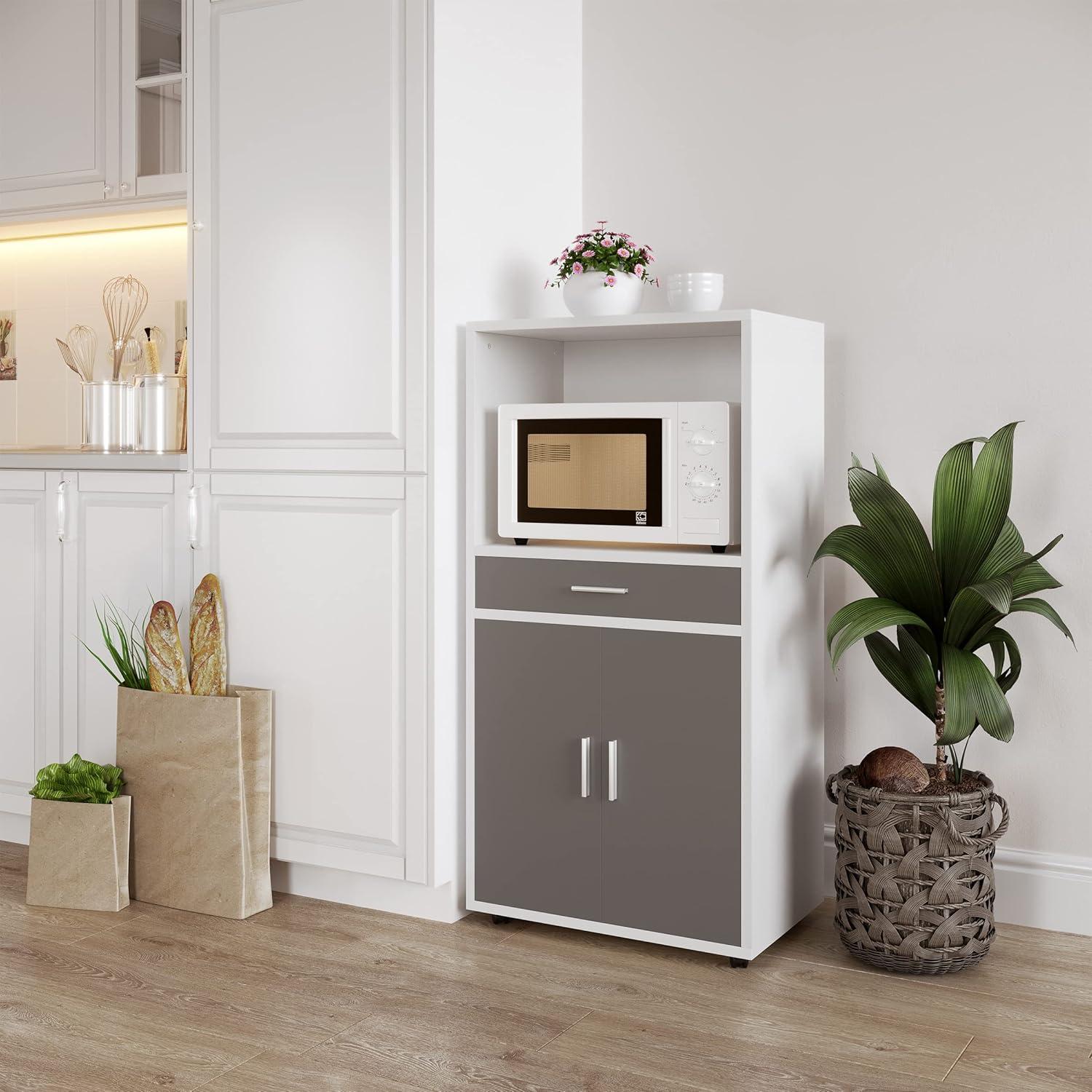imageMicrowave Stand with Storage Rolling White Cabinet with Doors Drawer and Locking Wheels Freestanding Wood Cart by Lavish Home White and OakWhite and Gray