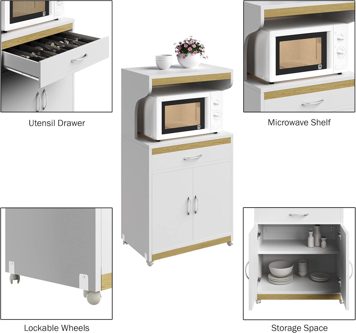 imageMicrowave Stand with Storage Rolling White Cabinet with Doors Drawer and Locking Wheels Freestanding Wood Cart by Lavish Home White and OakWhite and Oak
