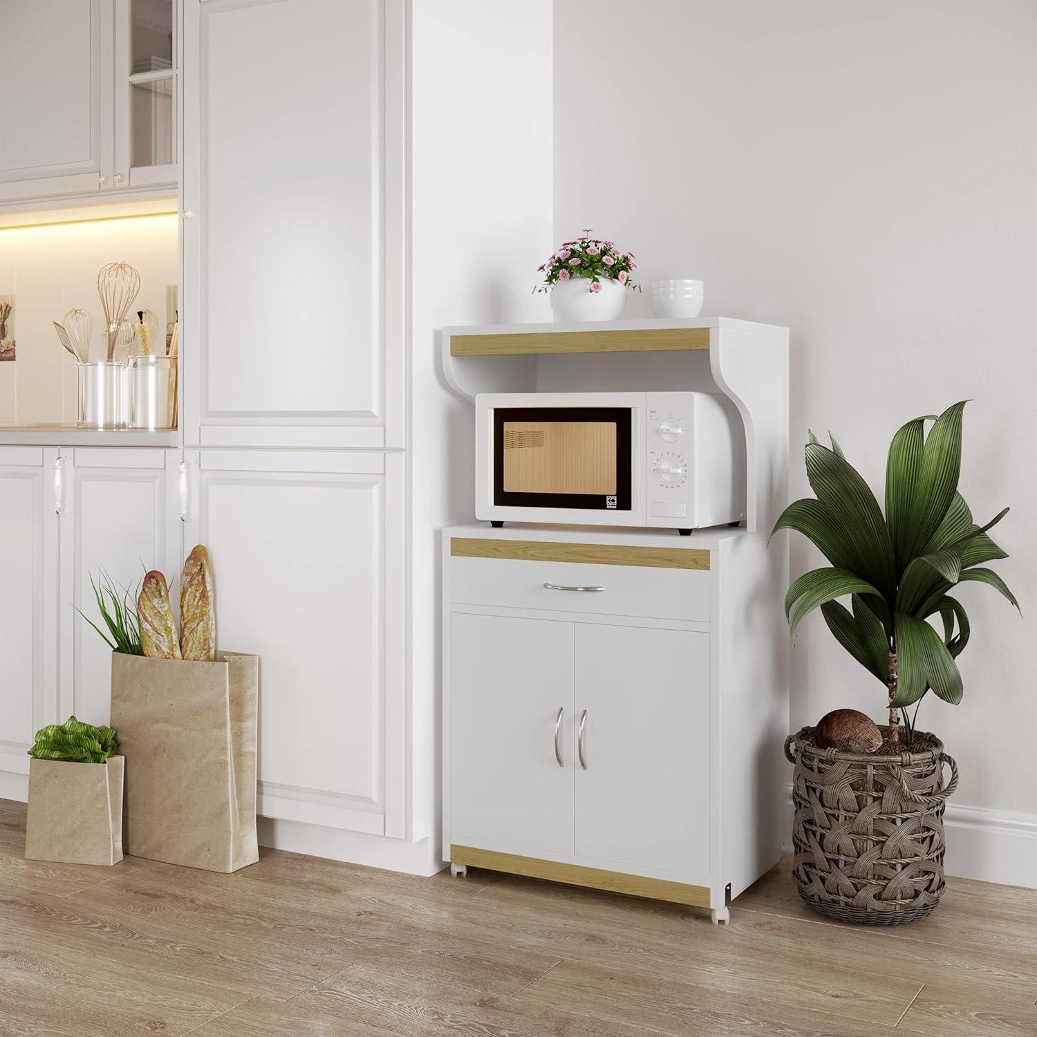 imageMicrowave Stand with Storage Rolling White Cabinet with Doors Drawer and Locking Wheels Freestanding Wood Cart by Lavish Home White and OakWhite and Oak