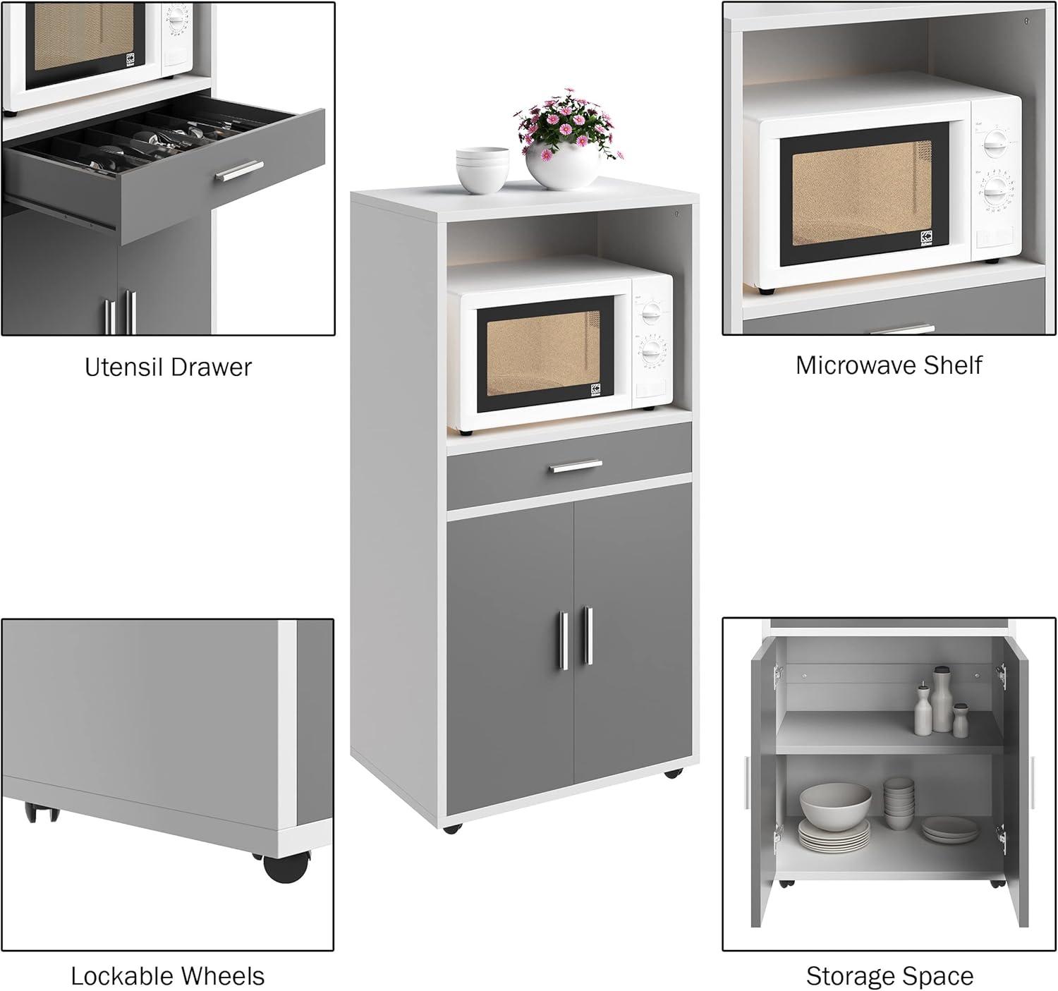 imageMicrowave Stand with Storage Rolling White Cabinet with Doors Drawer and Locking Wheels Freestanding Wood Cart by Lavish Home White and OakWhite and Gray