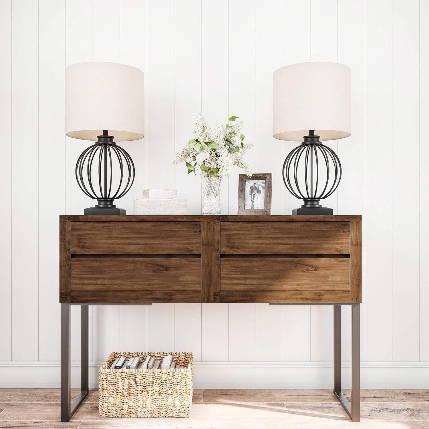 imageModern Table Lamps Set of 2 Wrought Iron Open Cage Lights with LED Bulbs Rustic Farmhouse Style for Living Room or Bedroom by Lavish Home Black