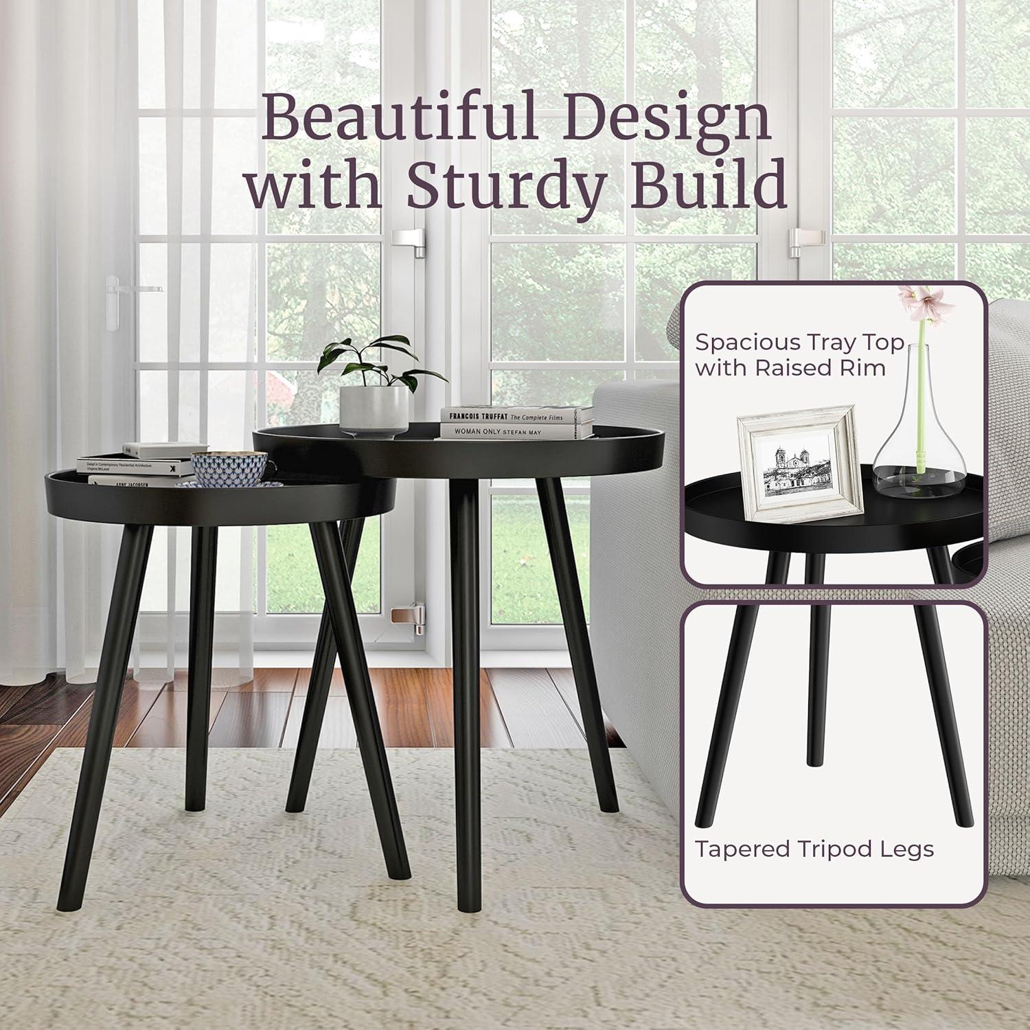imageNesting Side Tables Set of 2 Round End Tables for Living Room Bedroom or Home Office Accent Table Set with Tray Tops MidCentury Modern Living Room Furniture by Lavish Home BlackBlack