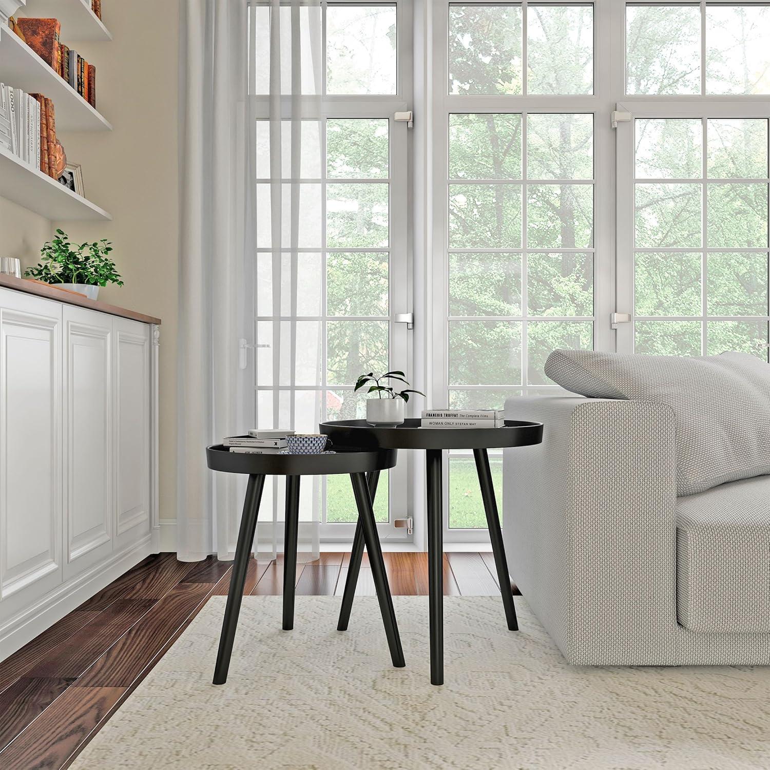 imageNesting Side Tables Set of 2 Round End Tables for Living Room Bedroom or Home Office Accent Table Set with Tray Tops MidCentury Modern Living Room Furniture by Lavish Home BlackBlack