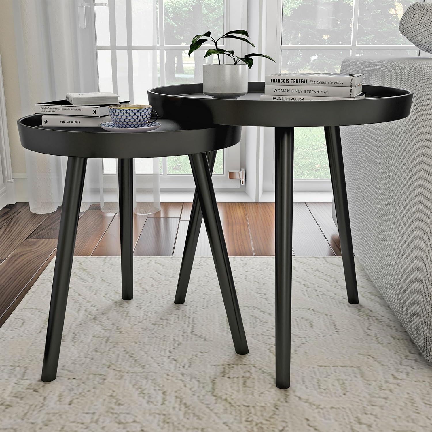 imageNesting Side Tables Set of 2 Round End Tables for Living Room Bedroom or Home Office Accent Table Set with Tray Tops MidCentury Modern Living Room Furniture by Lavish Home BlackBlack