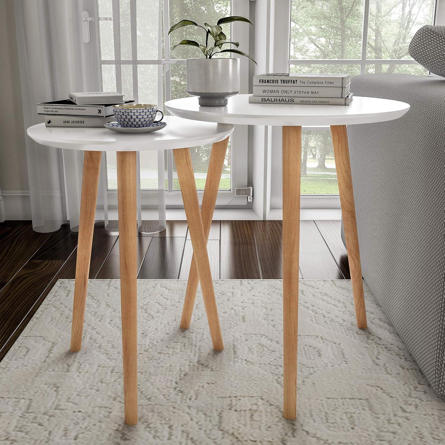 imageNesting Side Tables Set of 2 Round End Tables for Living Room Bedroom or Home Office Accent Table Set with Tray Tops MidCentury Modern Living Room Furniture by Lavish Home BlackWhiteNatural