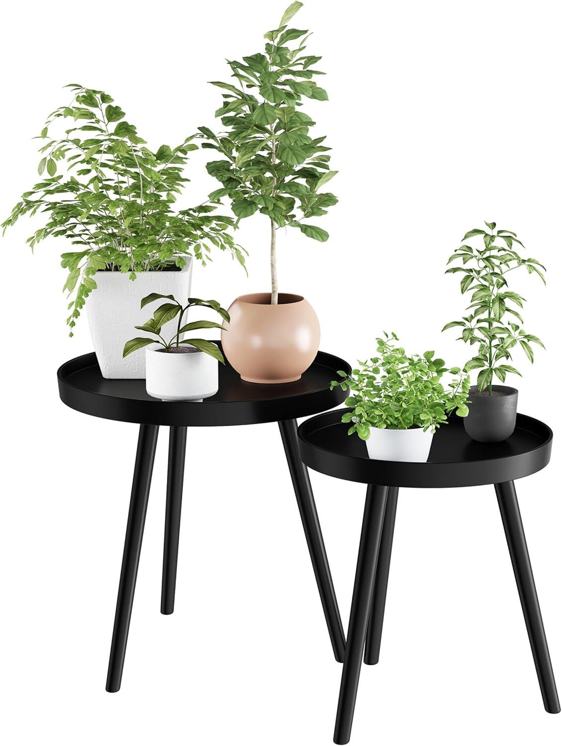 imageNesting Side Tables Set of 2 Round End Tables for Living Room Bedroom or Home Office Accent Table Set with Tray Tops MidCentury Modern Living Room Furniture by Lavish Home BlackBlack