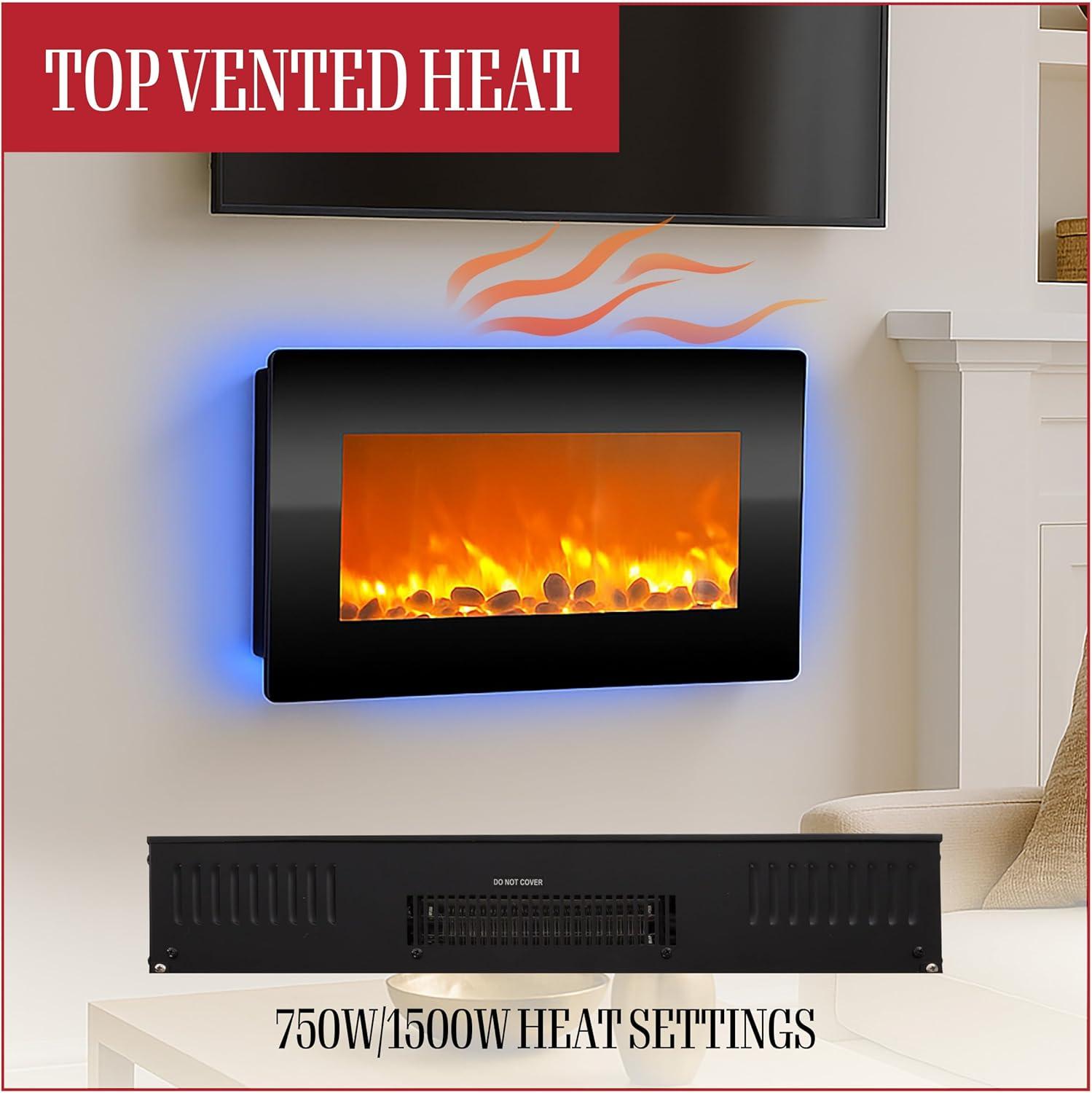 imageNorthwest Electric Fireplace 30 Inch Wall Mounted Fireplace 13 Backlight Colors and Remote Controlled LED Flames Heat and Brightness Black