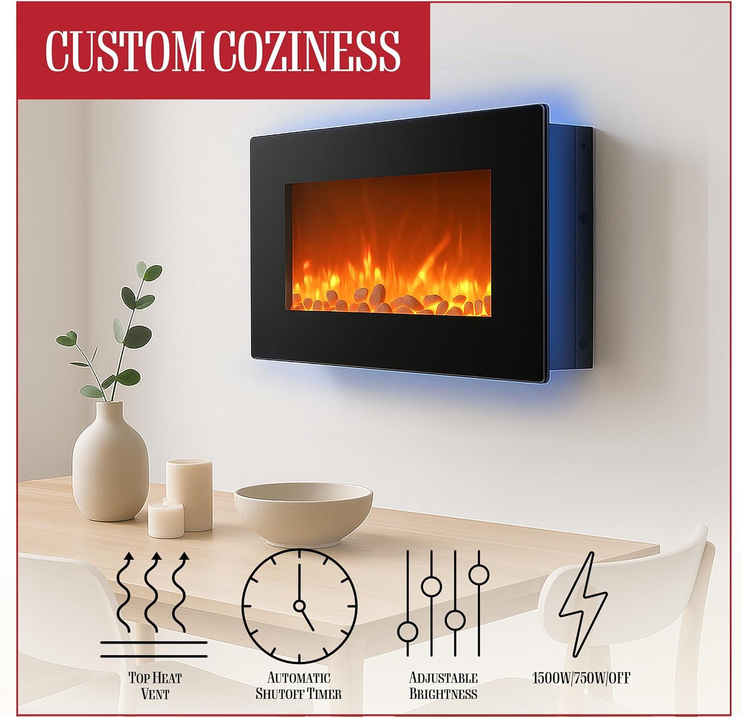 imageNorthwest Electric Fireplace 30 Inch Wall Mounted Fireplace 13 Backlight Colors and Remote Controlled LED Flames Heat and Brightness Black