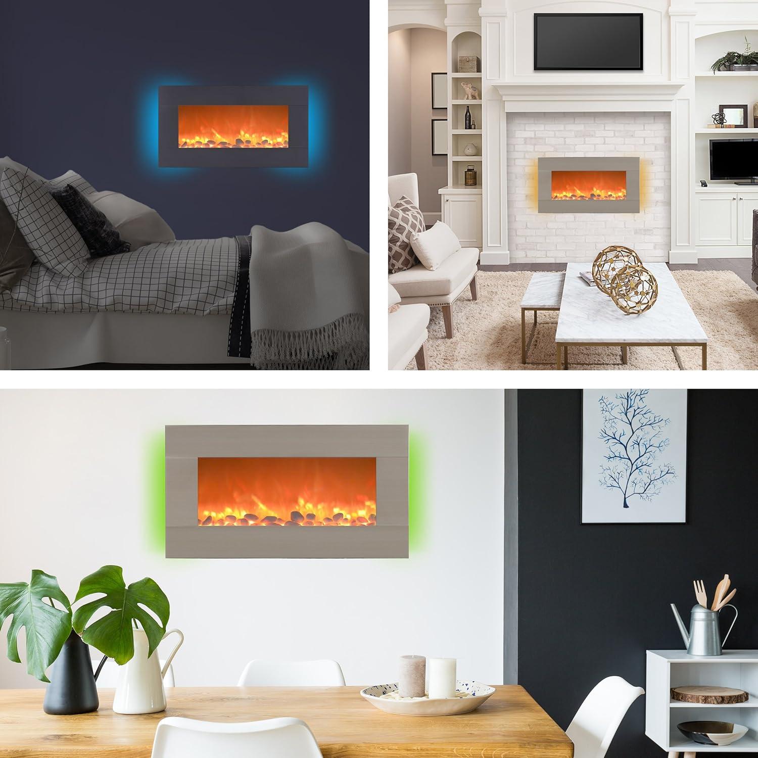 imageNorthwest Electric Fireplace Heater 30 Inch Wall Mounted Fireplace 13 Backlight Colors and Remote Controlled LED Flames Heat and Brightness Silver