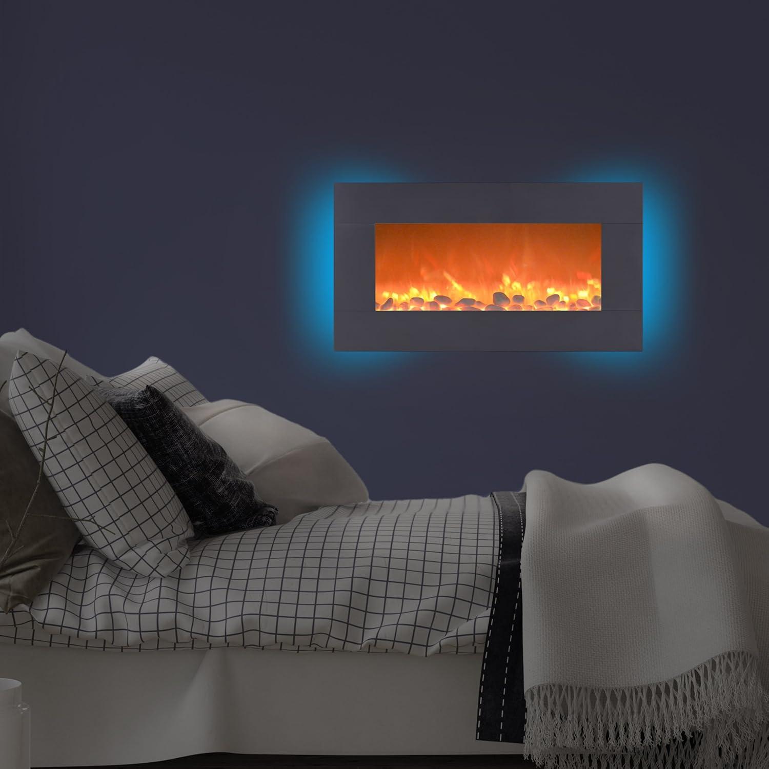 imageNorthwest Electric Fireplace Heater 30 Inch Wall Mounted Fireplace 13 Backlight Colors and Remote Controlled LED Flames Heat and Brightness Silver