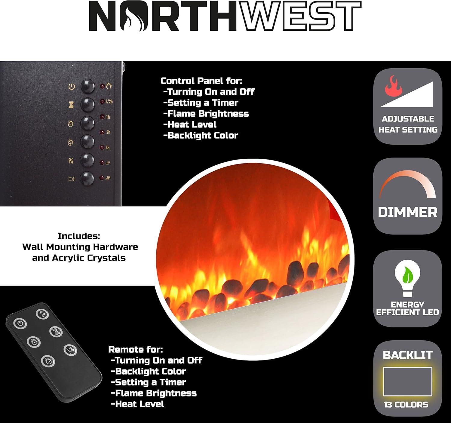 imageNorthwest Electric Fireplace Heater 30 Inch Wall Mounted Fireplace 13 Backlight Colors and Remote Controlled LED Flames Heat and Brightness Silver