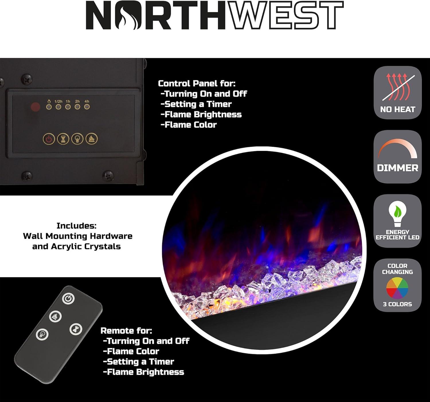 imageNorthwest Wall Mounted Electric Fireplace 50Inch HeatFree Wall Mounted Fireplace with 10 Color Changing LED Flames 3 Background Options and Remote Control White54 Black No Heat