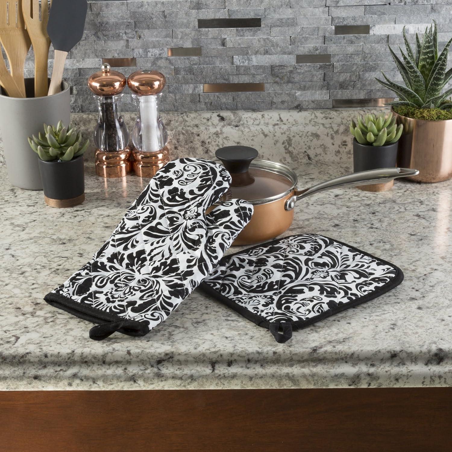 imageOven Mitt And Pot Holder Set Quilted And Flame And Heat Resistant By Lavish Home BlueBlack