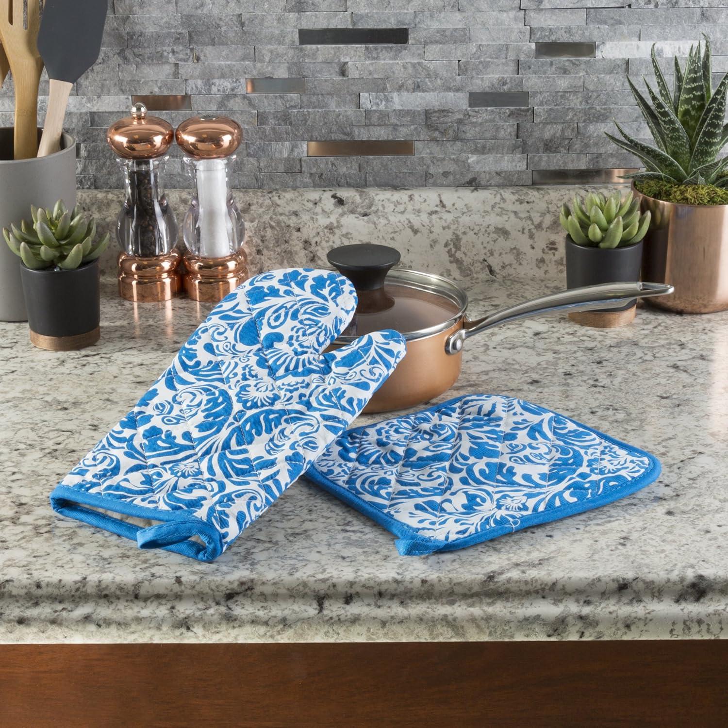 imageOven Mitt And Pot Holder Set Quilted And Flame And Heat Resistant By Lavish Home BlueBlue