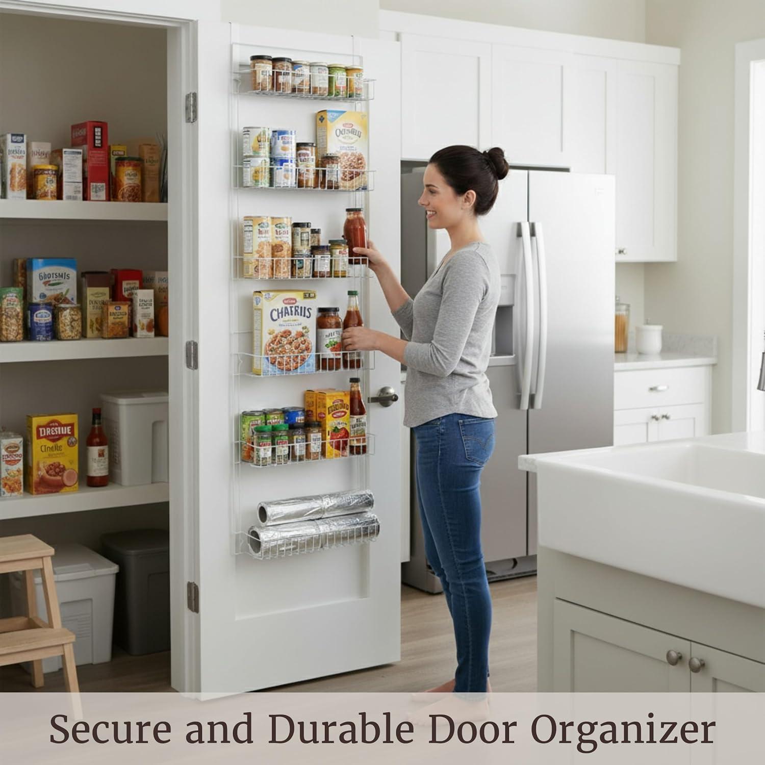 imageOver the Door Organizer 6Tier Adjustable Pantry Shelves and Rack for Kitchen Organization Organization and Storage by Lavish Home White6TIER WITH HOOKS