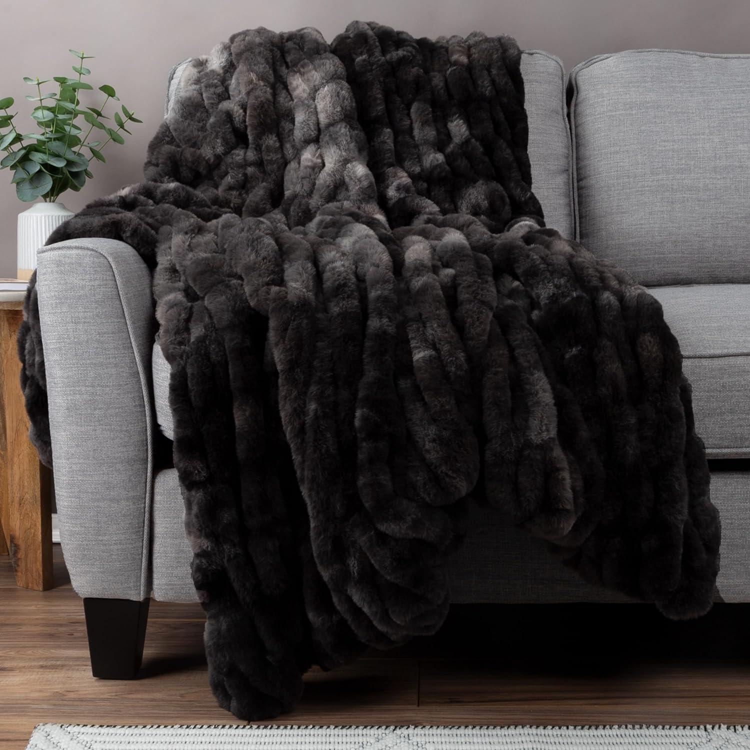 imageOversized Ruched Faux Fur Blanket 60x80Inch Jacquard Faux Fur QueenSize Throw for Sofas and Beds Luxurious Bedding by Lavish Home CreamBlack