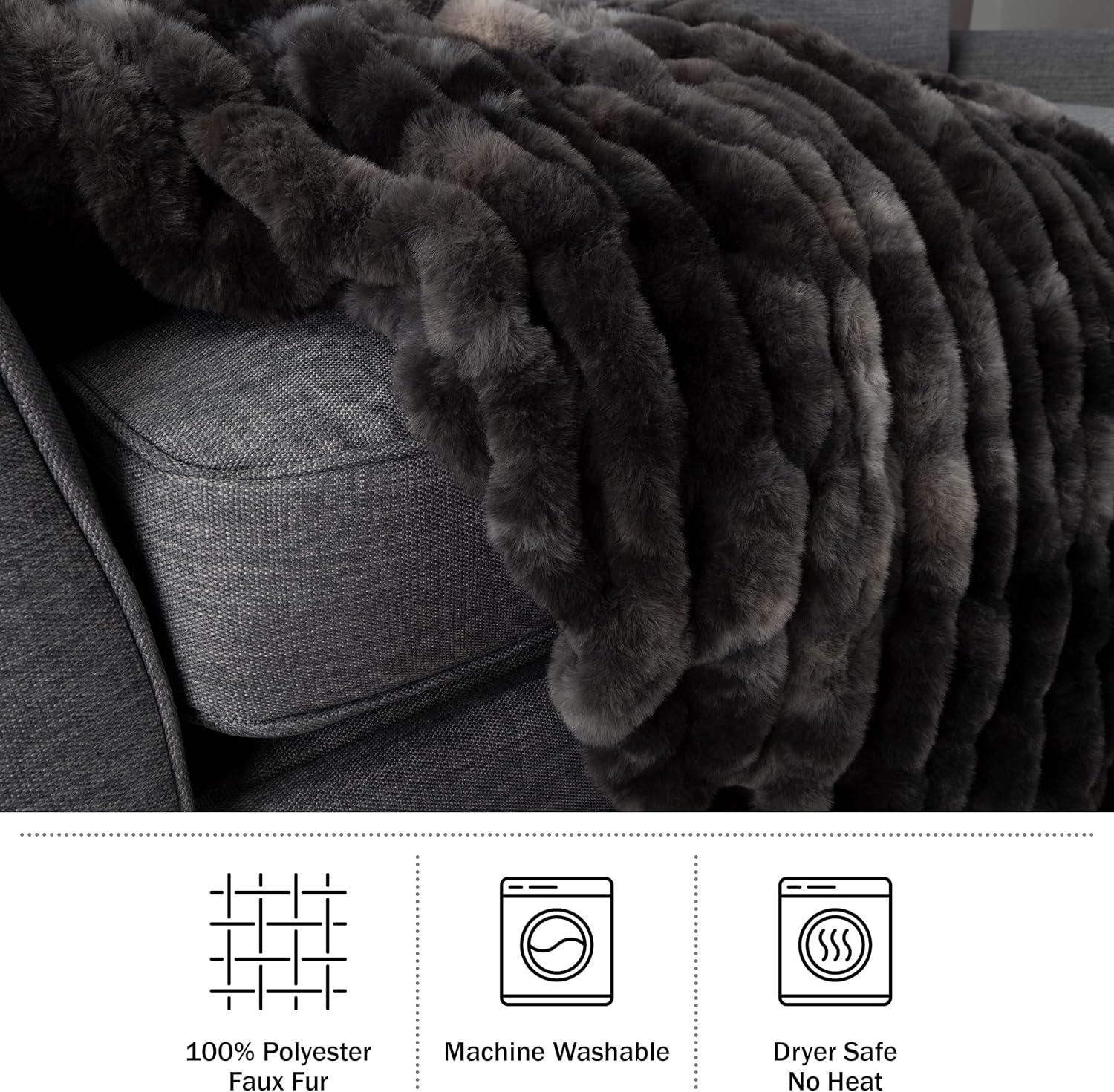 imageOversized Ruched Faux Fur Blanket 60x80Inch Jacquard Faux Fur QueenSize Throw for Sofas and Beds Luxurious Bedding by Lavish Home CreamBlack