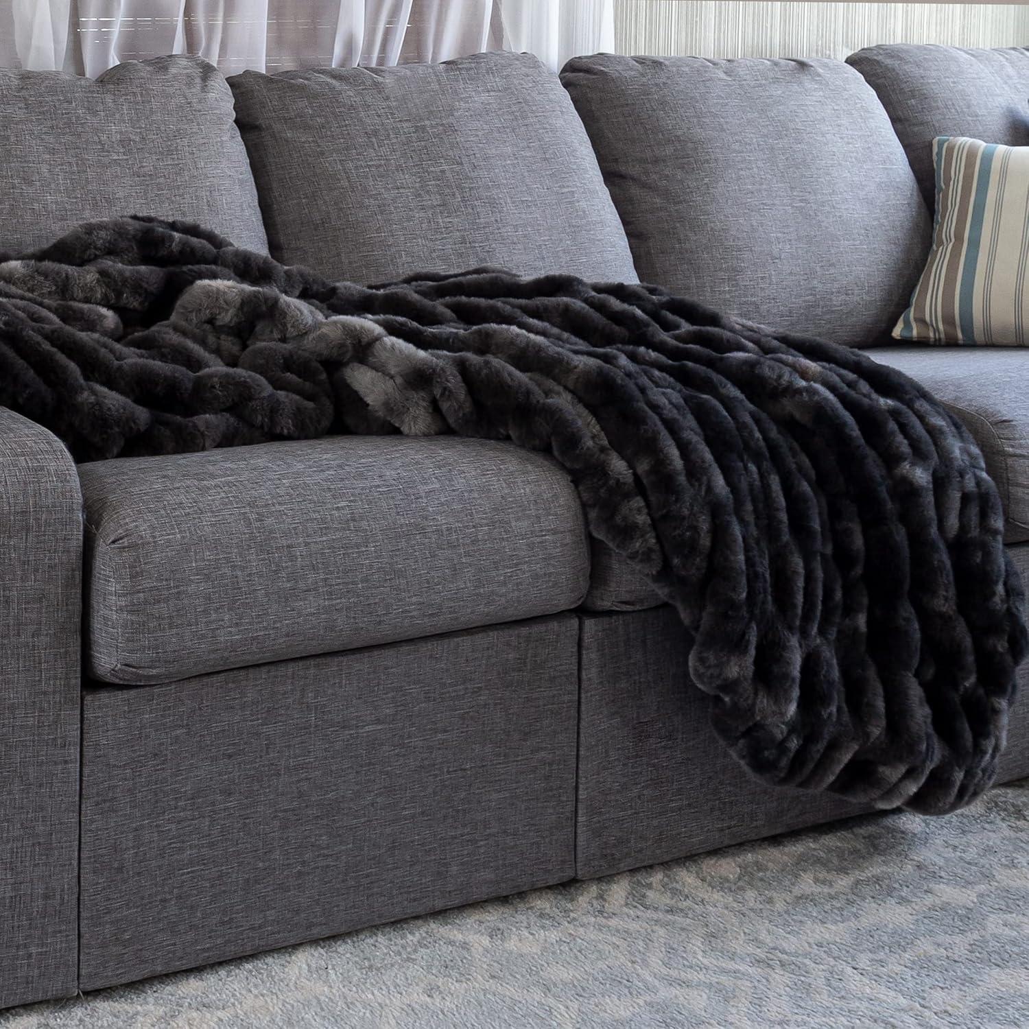 imageOversized Ruched Faux Fur Blanket 60x80Inch Jacquard Faux Fur QueenSize Throw for Sofas and Beds Luxurious Bedding by Lavish Home CreamBlack