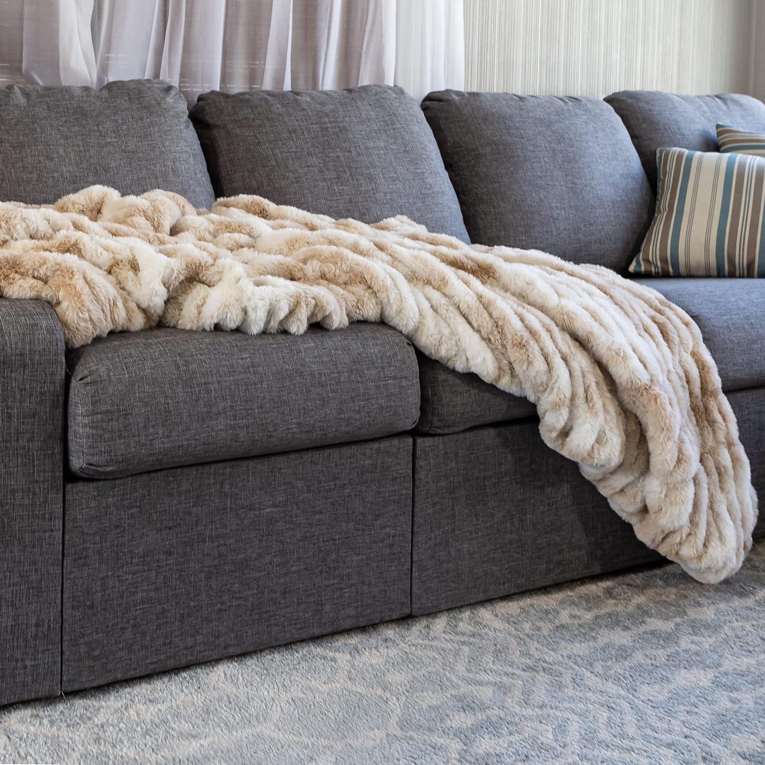 imageOversized Ruched Faux Fur Blanket 60x80Inch Jacquard Faux Fur QueenSize Throw for Sofas and Beds Luxurious Bedding by Lavish Home CreamCream