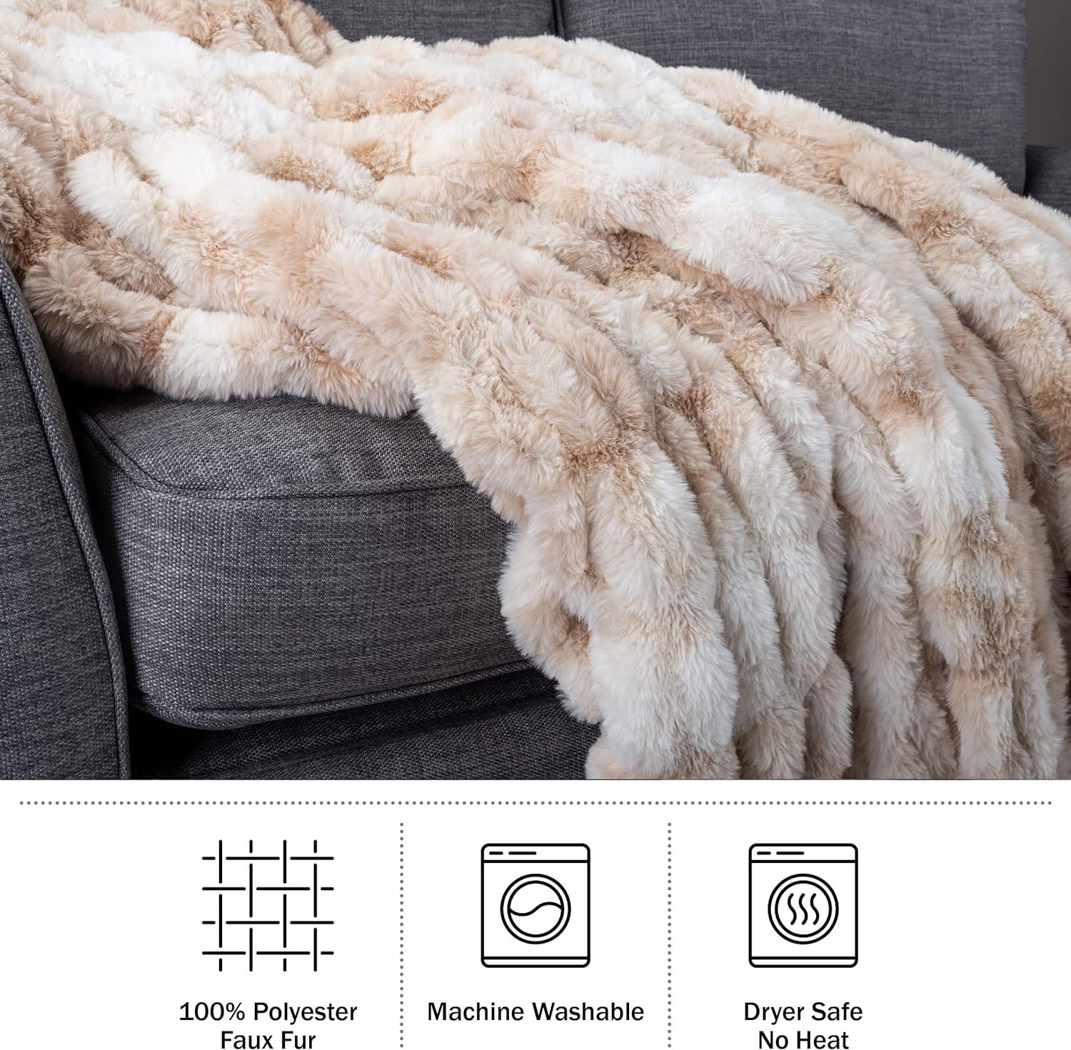 imageOversized Ruched Faux Fur Blanket 60x80Inch Jacquard Faux Fur QueenSize Throw for Sofas and Beds Luxurious Bedding by Lavish Home CreamCream