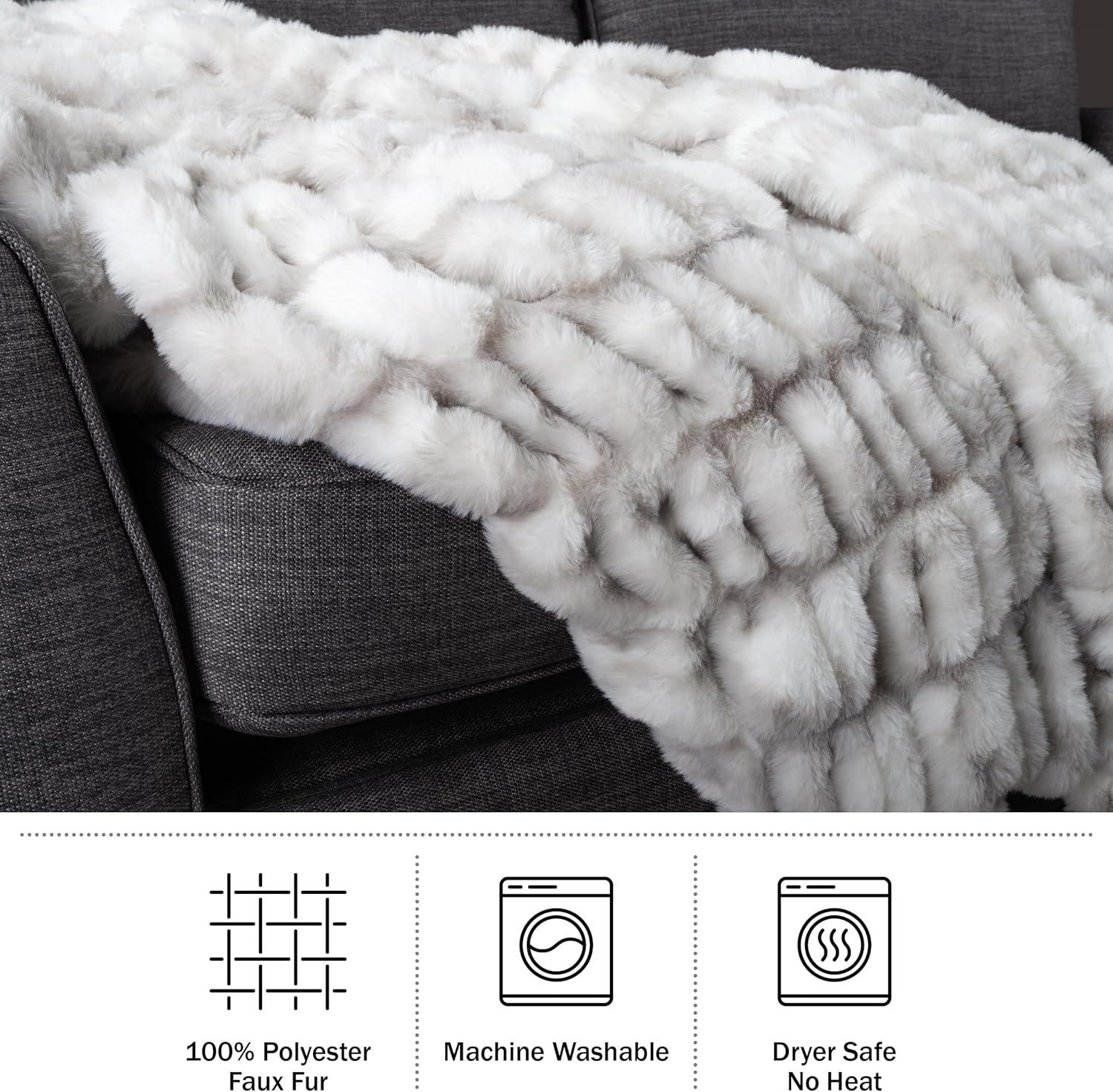 imageOversized Ruched Faux Fur Blanket 60x80Inch Jacquard Faux Fur QueenSize Throw for Sofas and Beds Luxurious Bedding by Lavish Home CreamGray
