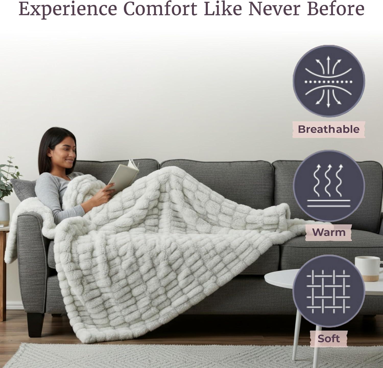 imageOversized Ruched Faux Fur Blanket 60x80Inch Jacquard Faux Fur QueenSize Throw for Sofas and Beds Luxurious Bedding by Lavish Home CreamGray