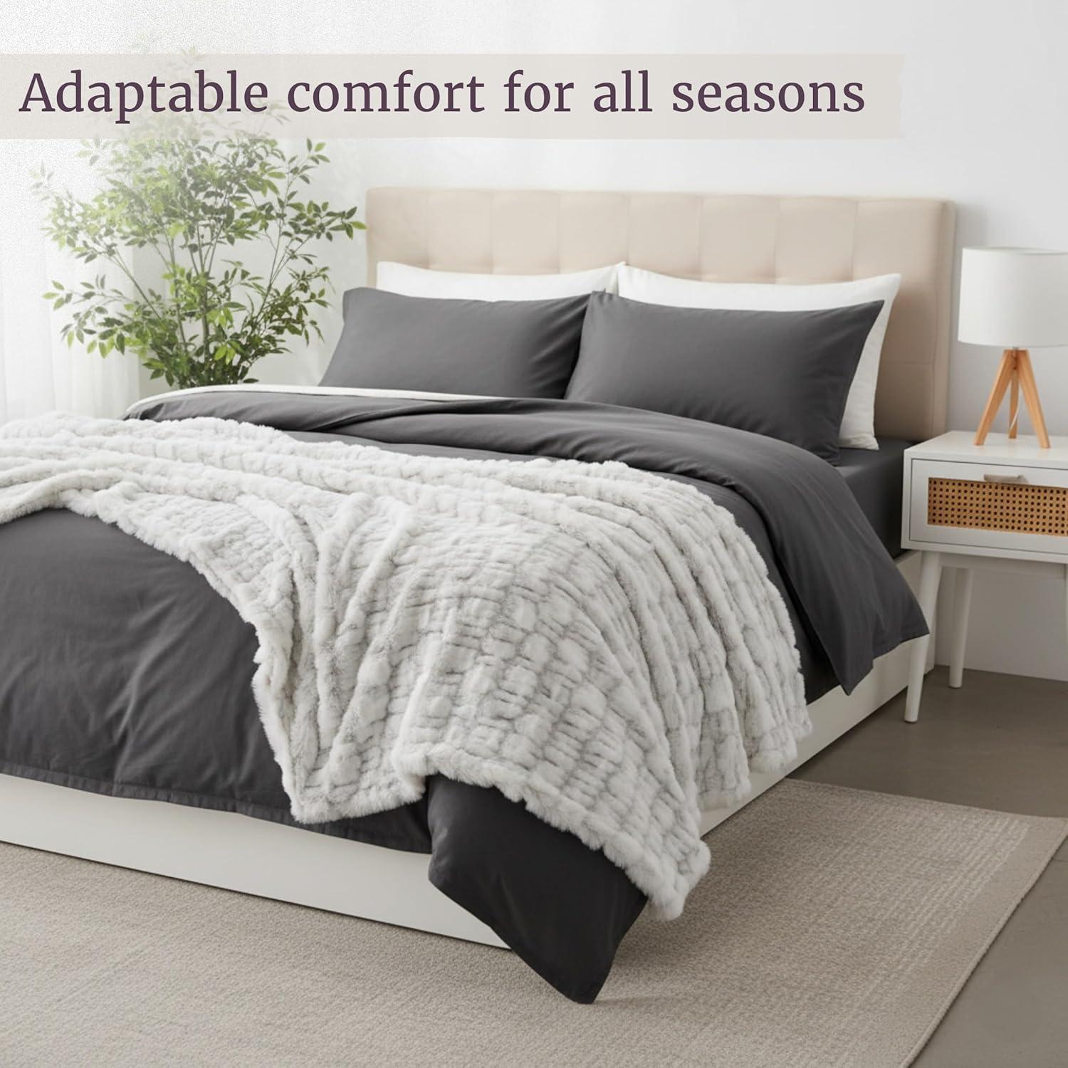 imageOversized Ruched Faux Fur Blanket 60x80Inch Jacquard Faux Fur QueenSize Throw for Sofas and Beds Luxurious Bedding by Lavish Home CreamGray