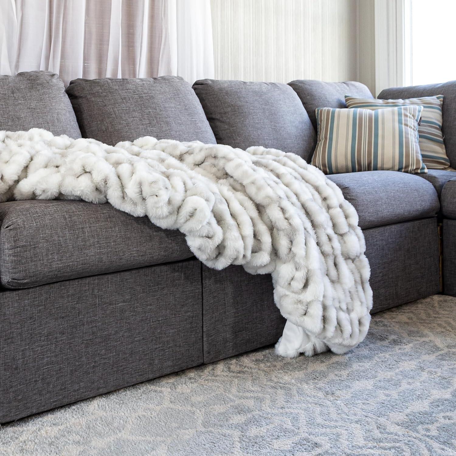 imageOversized Ruched Faux Fur Blanket 60x80Inch Jacquard Faux Fur QueenSize Throw for Sofas and Beds Luxurious Bedding by Lavish Home CreamGray