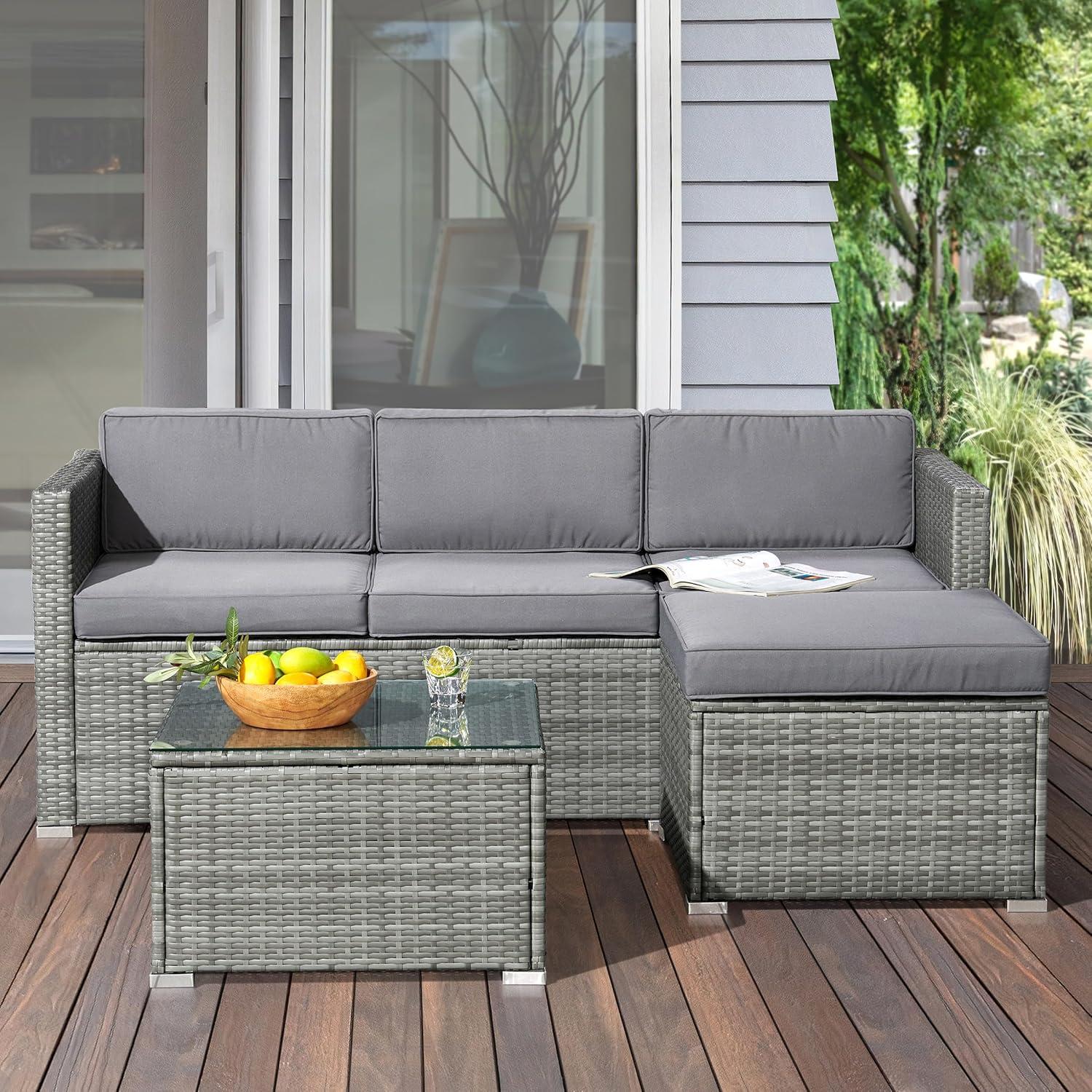 imagePatio Furniture Set 3Piece Rattan Outdoor Sectional Ottoman and Table Combo Deck Pool Sunroom or Backyard Furniture by Lavish Home Gray