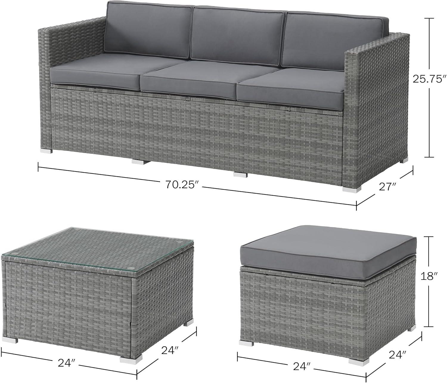 imagePatio Furniture Set 3Piece Rattan Outdoor Sectional Ottoman and Table Combo Deck Pool Sunroom or Backyard Furniture by Lavish Home Gray
