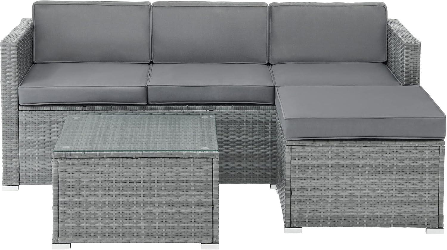 imagePatio Furniture Set 3Piece Rattan Outdoor Sectional Ottoman and Table Combo Deck Pool Sunroom or Backyard Furniture by Lavish Home Gray