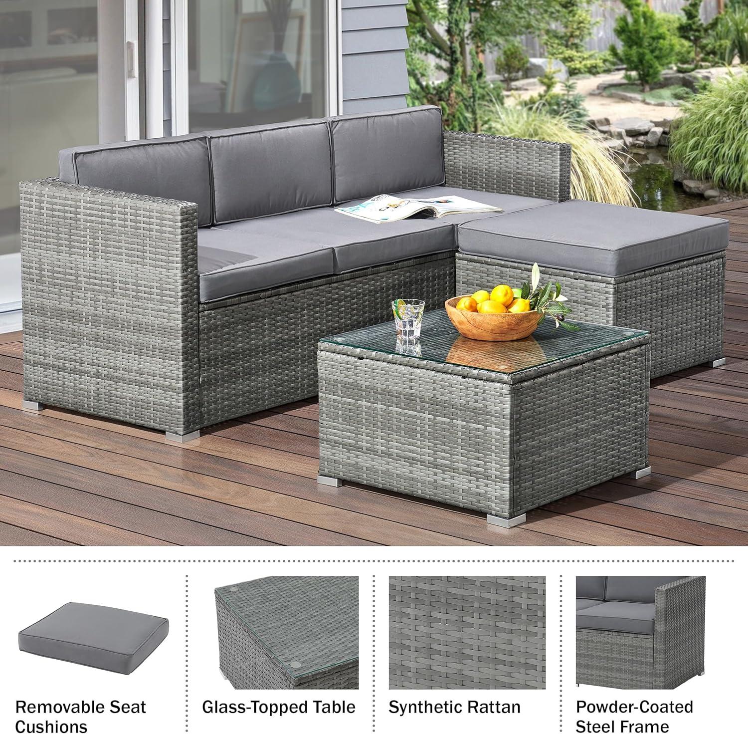 imagePatio Furniture Set 3Piece Rattan Outdoor Sectional Ottoman and Table Combo Deck Pool Sunroom or Backyard Furniture by Lavish Home Gray