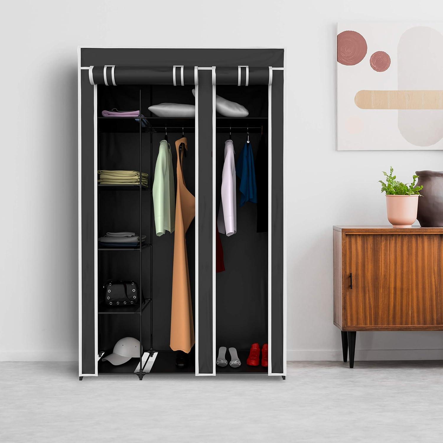 imagePortable Closet Wardrobe Closet for Hanging Clothes Dust Cover and Metal Frame Freestanding Covered Garment Rack by Lavish Home Black