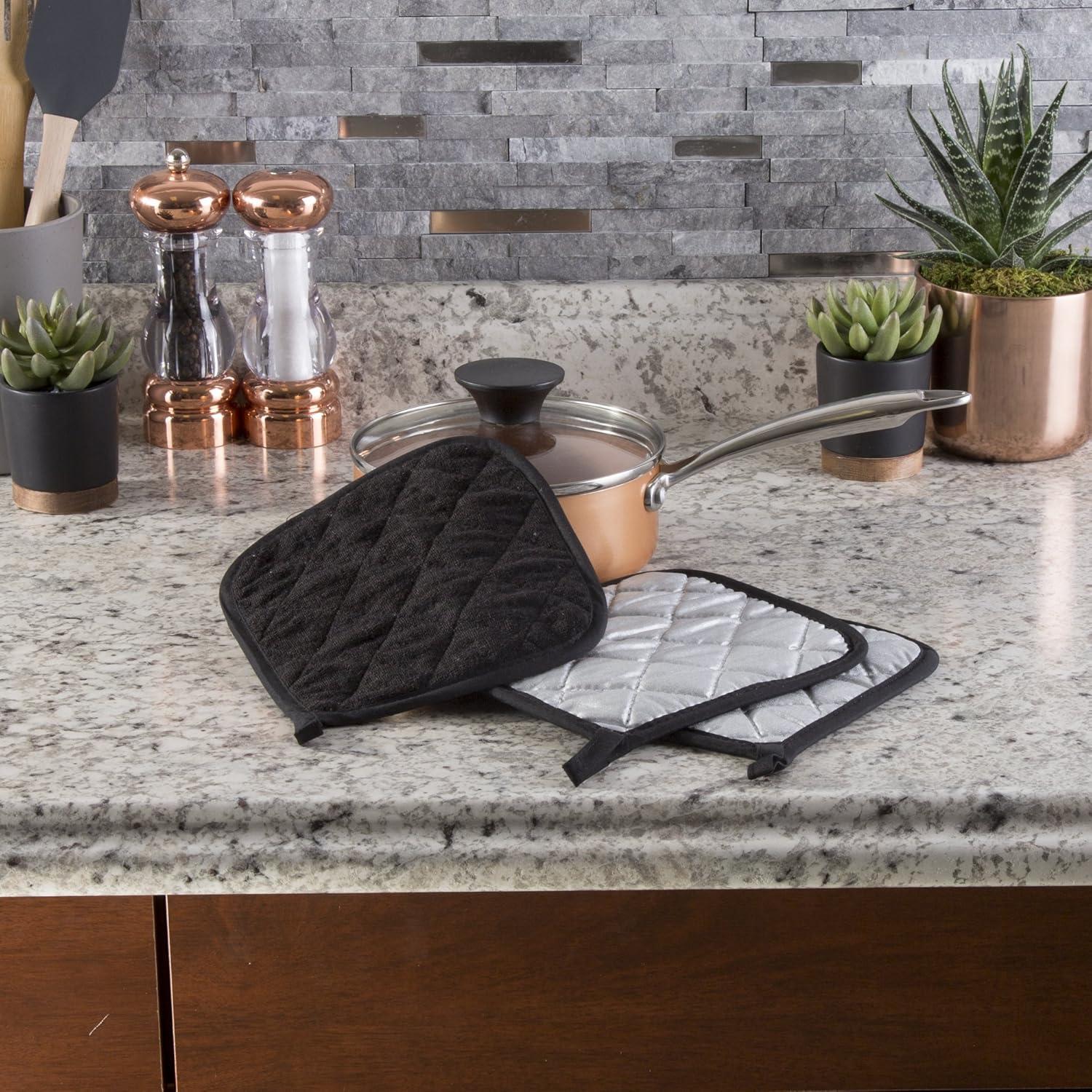 imagePot Holder Set 3 Piece Set Of Heat Resistant Quilted Cotton Pot Holders By Lavish Home SilverBlack
