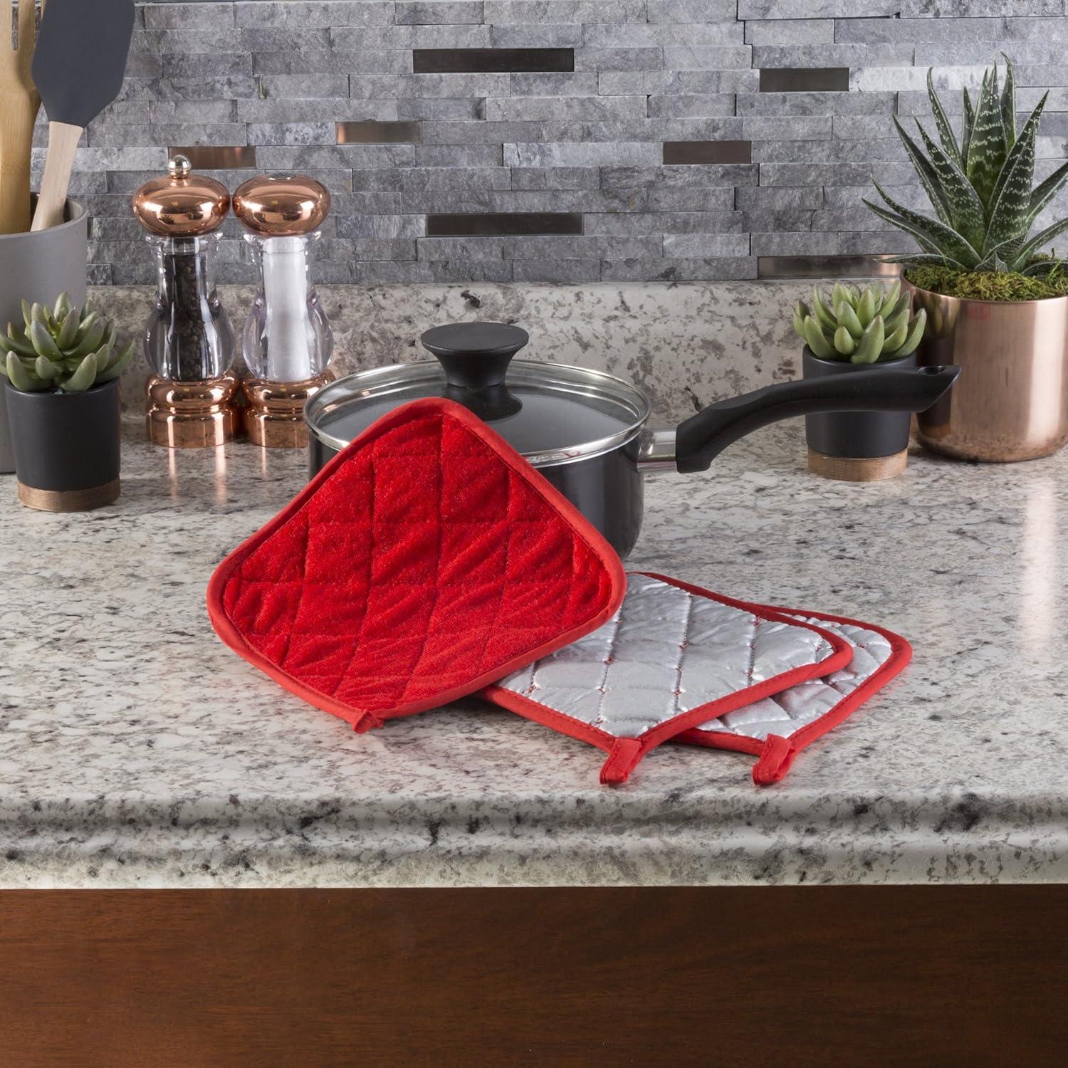 imagePot Holder Set 3 Piece Set Of Heat Resistant Quilted Cotton Pot Holders By Lavish Home SilverRed