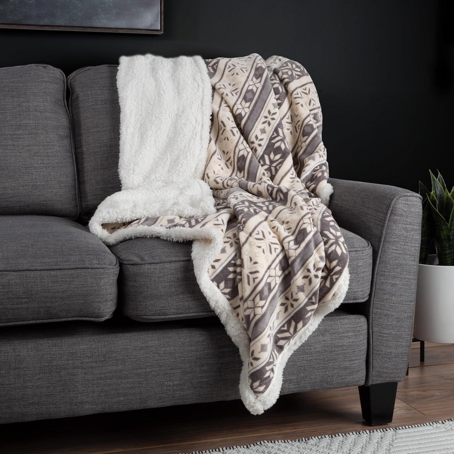 imageReversible Fleece Blanket 50x60Inch MachineWashable Sherpa Throw with Snowflakes Cozy Blanket for Couch Chair or Bed by Lavish Home PinkGray