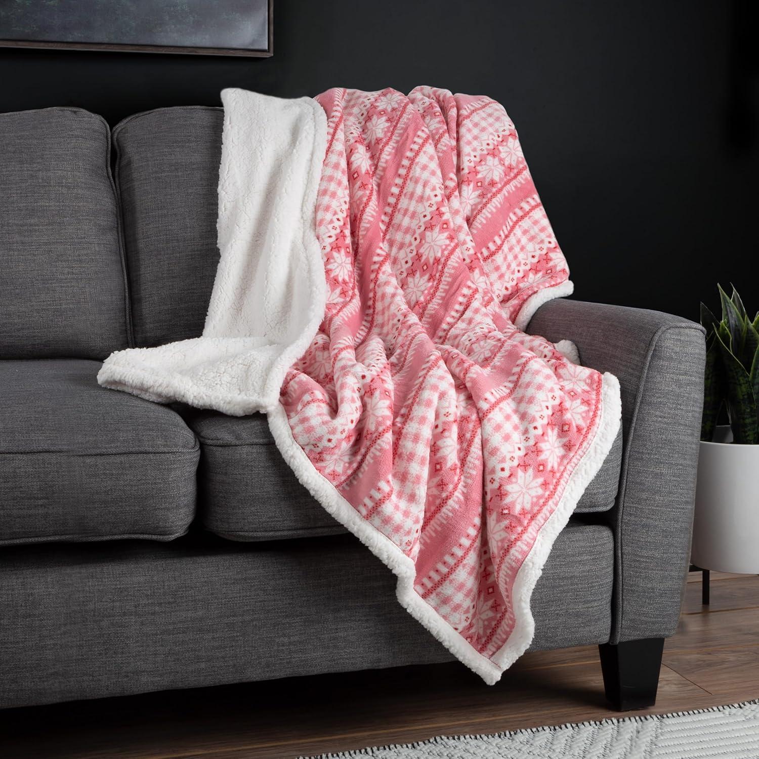 imageReversible Fleece Blanket 50x60Inch MachineWashable Sherpa Throw with Snowflakes Cozy Blanket for Couch Chair or Bed by Lavish Home PinkPink
