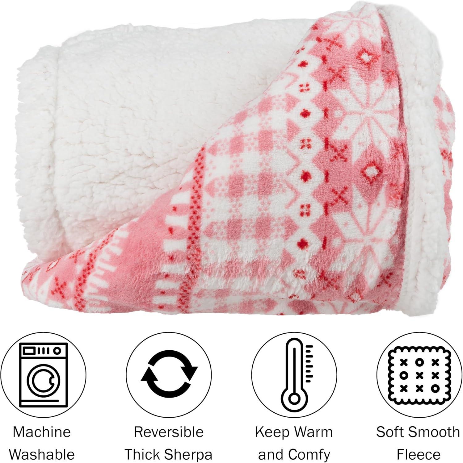 imageReversible Fleece Blanket 50x60Inch MachineWashable Sherpa Throw with Snowflakes Cozy Blanket for Couch Chair or Bed by Lavish Home PinkPink