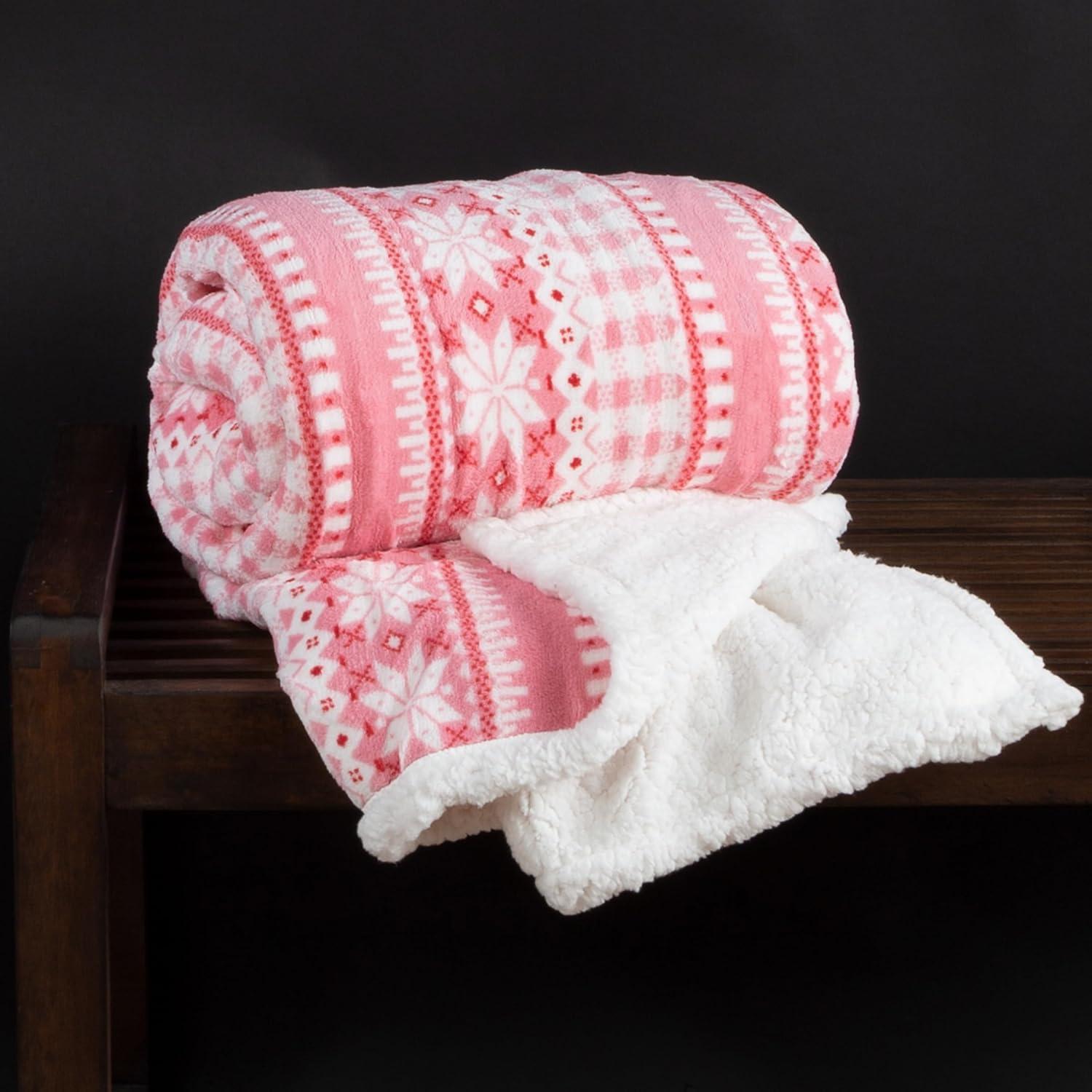 imageReversible Fleece Blanket 50x60Inch MachineWashable Sherpa Throw with Snowflakes Cozy Blanket for Couch Chair or Bed by Lavish Home PinkPink