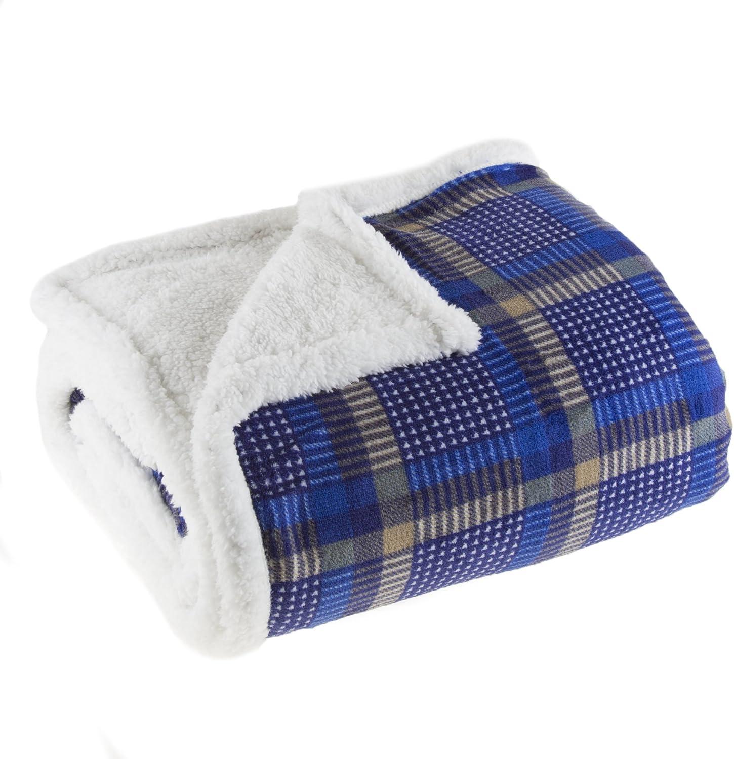 imageReversible Plaid Fleece Blanket 50Inch x 60Inch MachineWashable Sherpa Throw Cozy Blanket for Couch Chair or Bed by Lavish Home BlueYellowBlueYellow