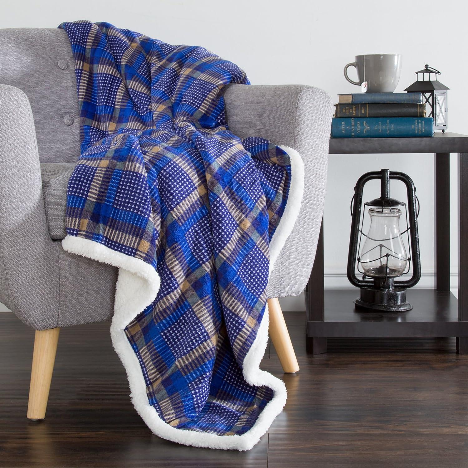 imageReversible Plaid Fleece Blanket 50Inch x 60Inch MachineWashable Sherpa Throw Cozy Blanket for Couch Chair or Bed by Lavish Home BlueYellowBlueYellow