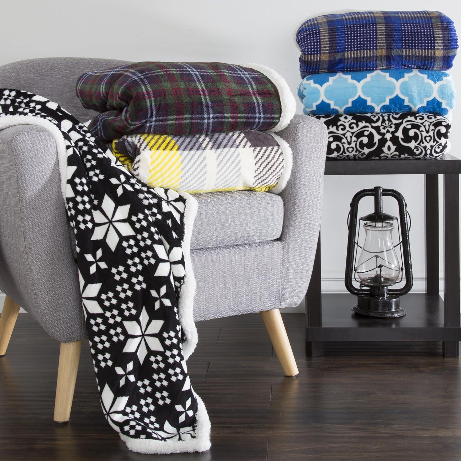 imageReversible Plaid Fleece Blanket 50Inch x 60Inch MachineWashable Sherpa Throw Cozy Blanket for Couch Chair or Bed by Lavish Home BlueYellowBlueYellow